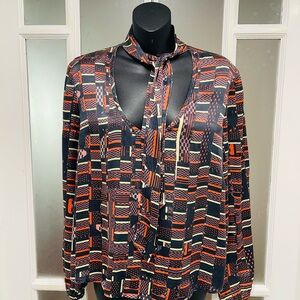 Geometric Print Women's silk Blouse with Tie Neck